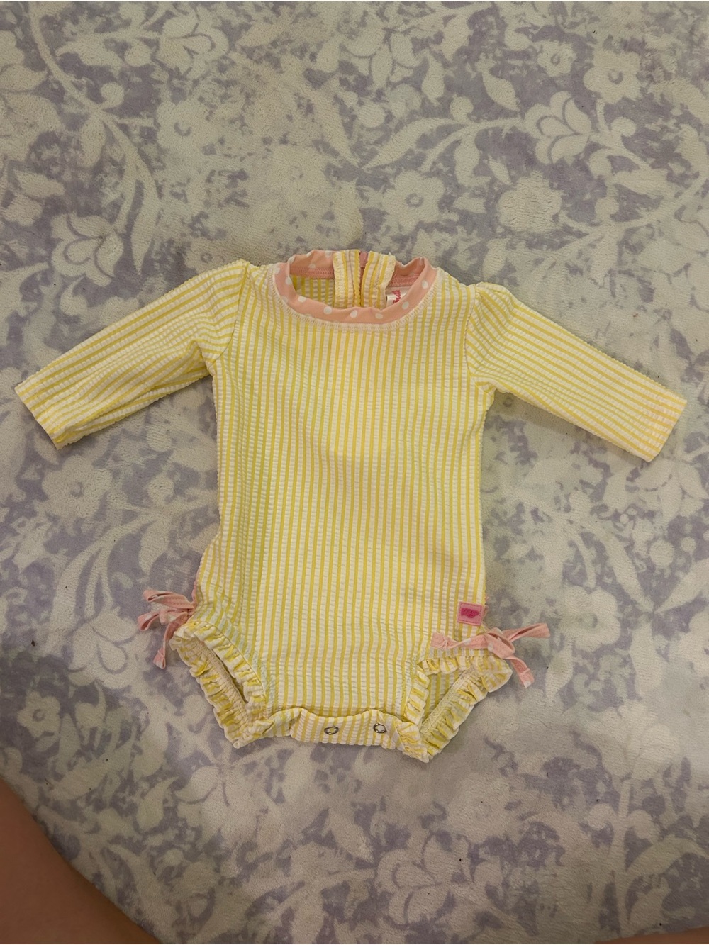 Ruffle Butts Yellow and Pink Striped Long Sleeve Swim Rashguard